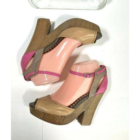 Splendid Nude Pink Platform Sandal Size 7.5 US Ankle Strap Faux Wood Chunky Heel - Picture 4 of 12